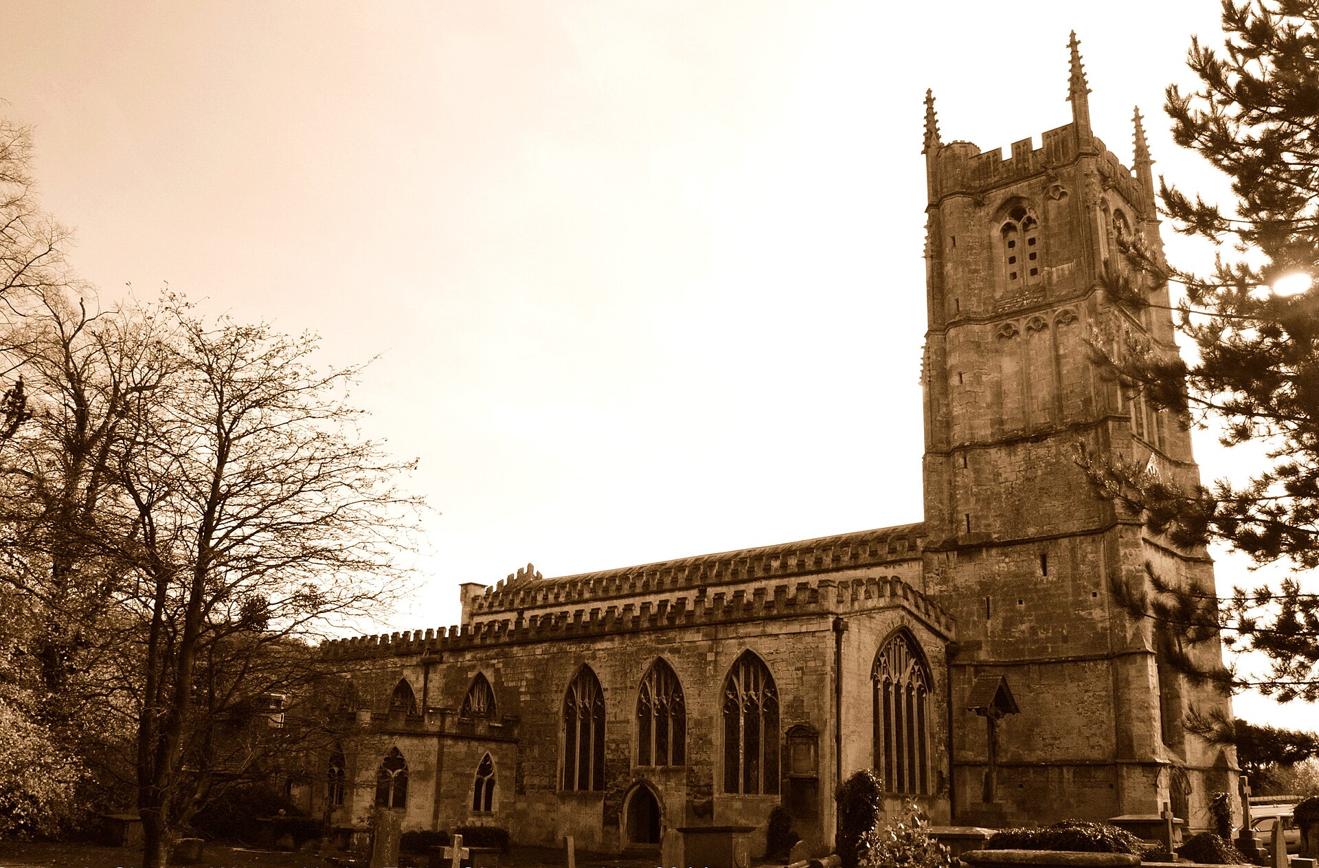 Stone tower and porch of St Mary's Church in Wotton-under-Edge